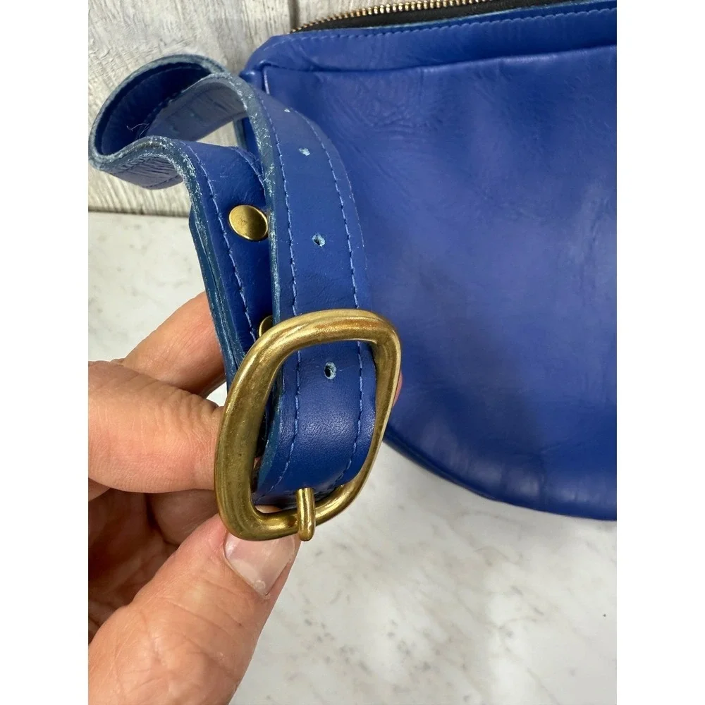 Directive Cobalt Blue Leather Half Moon Crossbody Bag Adjustable Strap Brass